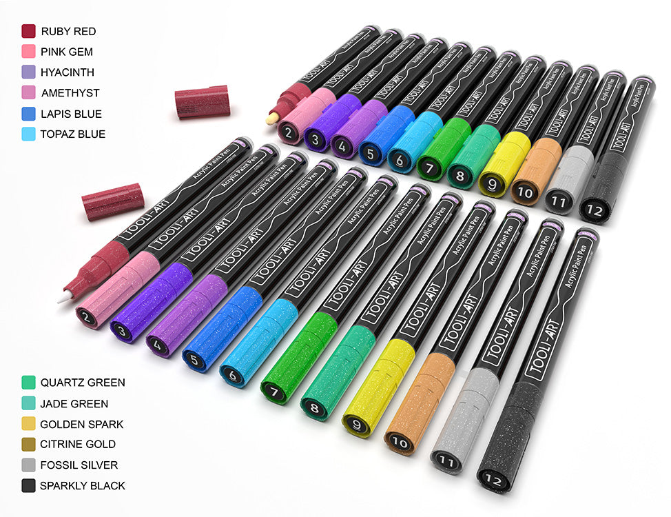 24 Glitter Acrylic Paint Pens Marker Set (0.7mm EXTRA FINE + 3.0mm MEDIUM)