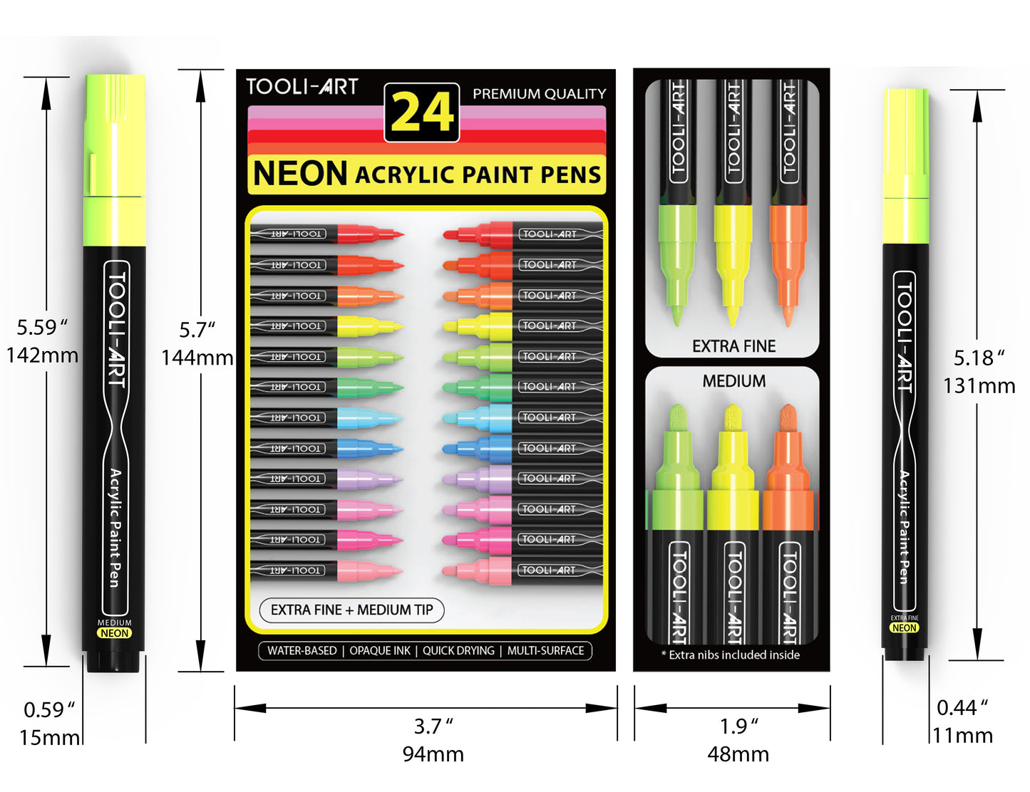 TOOLI-ART 24 Neon Fluorescent Acrylic Paint Pens Marker Set (0.7mm EXTRA FINE + 3.0mm MEDIUM)