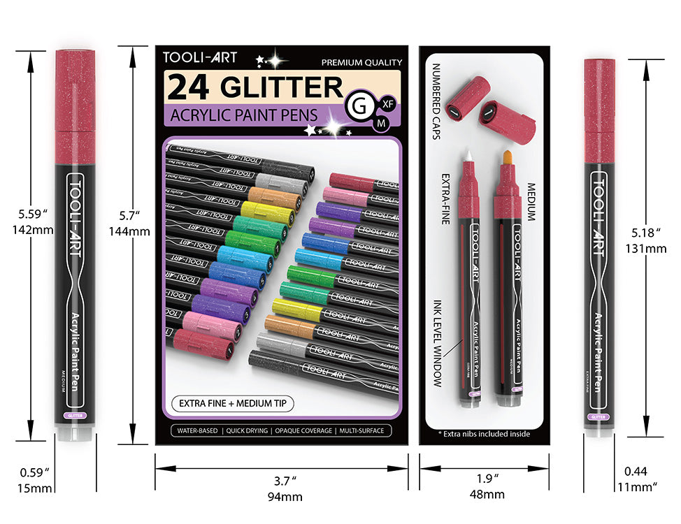 24 Glitter Acrylic Paint Pens Marker Set (0.7mm EXTRA FINE + 3.0mm MEDIUM)