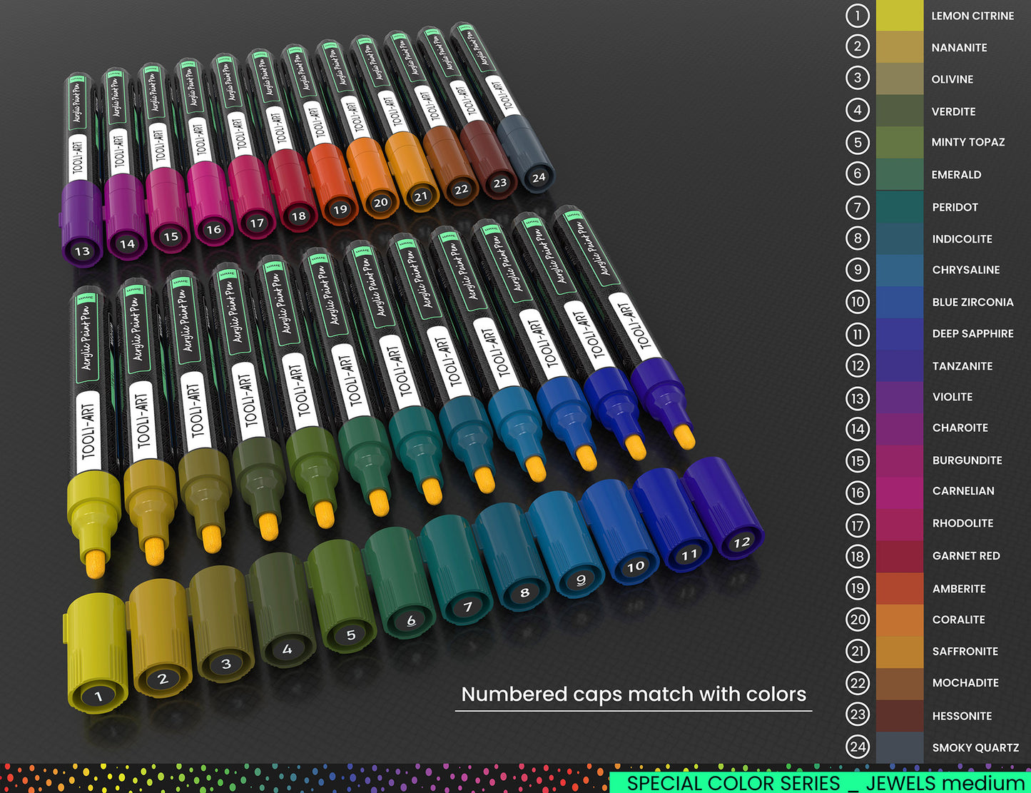 24 Jewel Dark Tones Acrylic Paint Pens Special Color Series Markers Set (3mm MEDIUM)