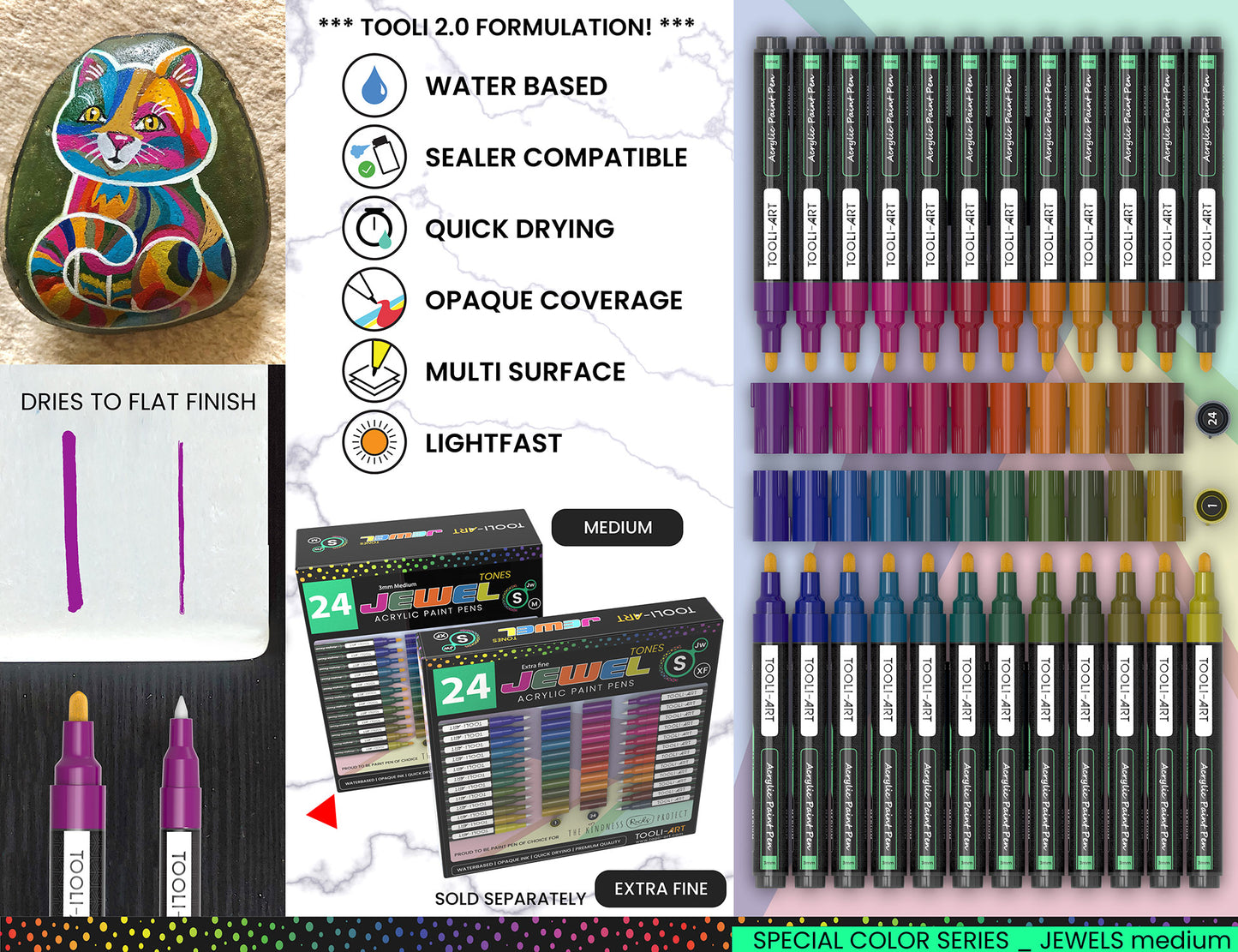 24 Jewel Dark Tones Acrylic Paint Pens Special Color Series Markers Set (3mm MEDIUM)