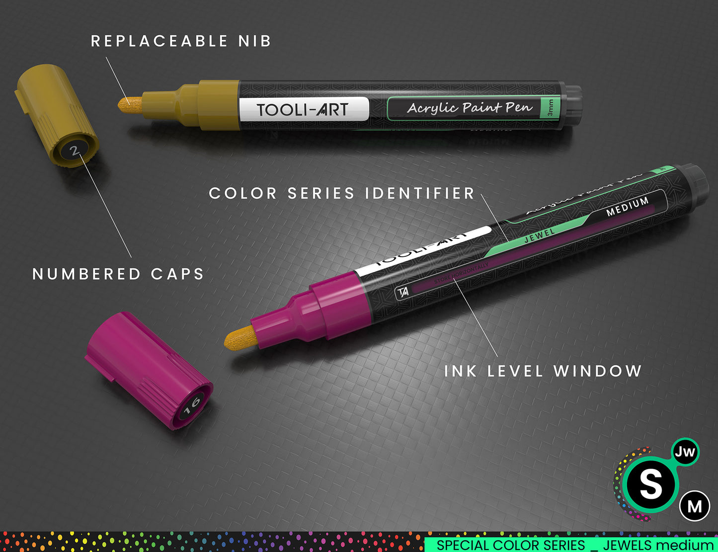 24 Jewel Dark Tones Acrylic Paint Pens Special Color Series Markers Set (3mm MEDIUM)