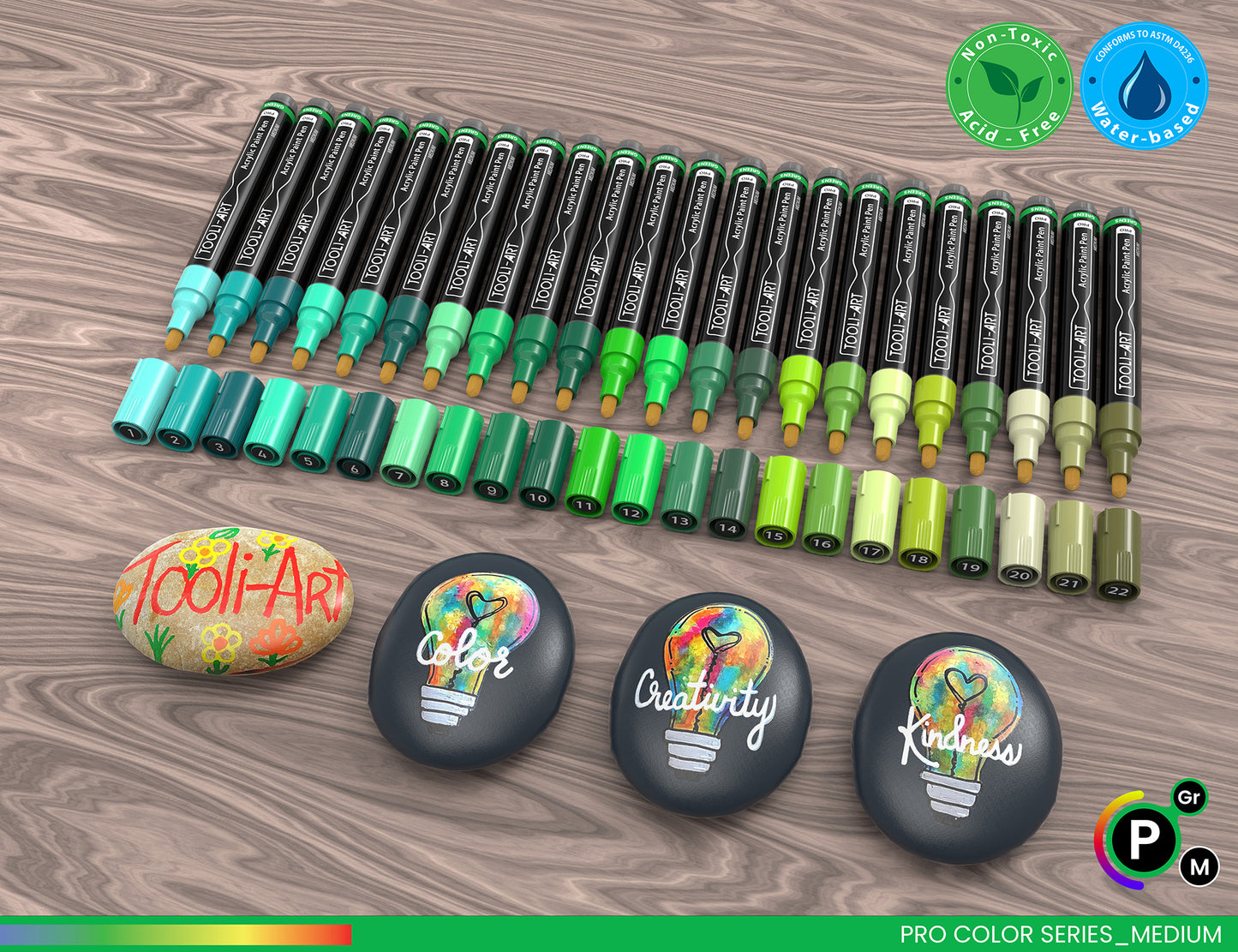 22 Acrylic Paint Pens (GREENS) Pro Color Series Set (3mm MEDIUM)