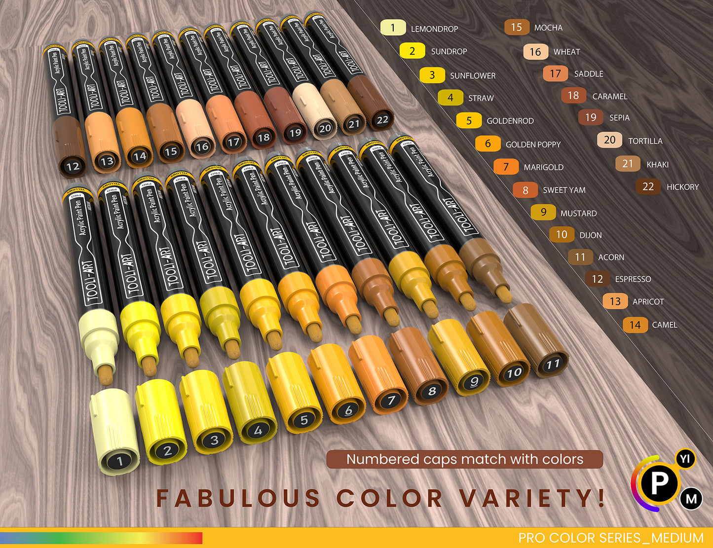 22 Acrylic Paint Pens (YELLOWS & BROWNS) Pro Color Series Set (3mm MEDIUM)