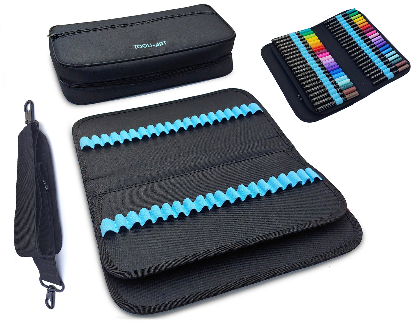TOOLI-ART Marker & Pen Carrying Case -120 Slots, Black Canvas, Trolley Sleeve