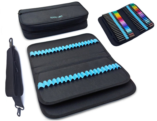 TOOLI-ART Marker & Pen Carrying Case -120 Slots, Black Canvas, Trolley Sleeve
