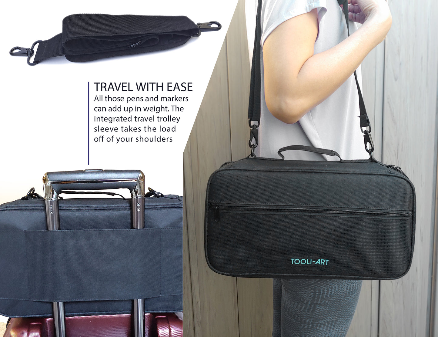 TOOLI-ART Marker & Pen Carrying Case -120 Slots, Black Canvas, Trolley Sleeve