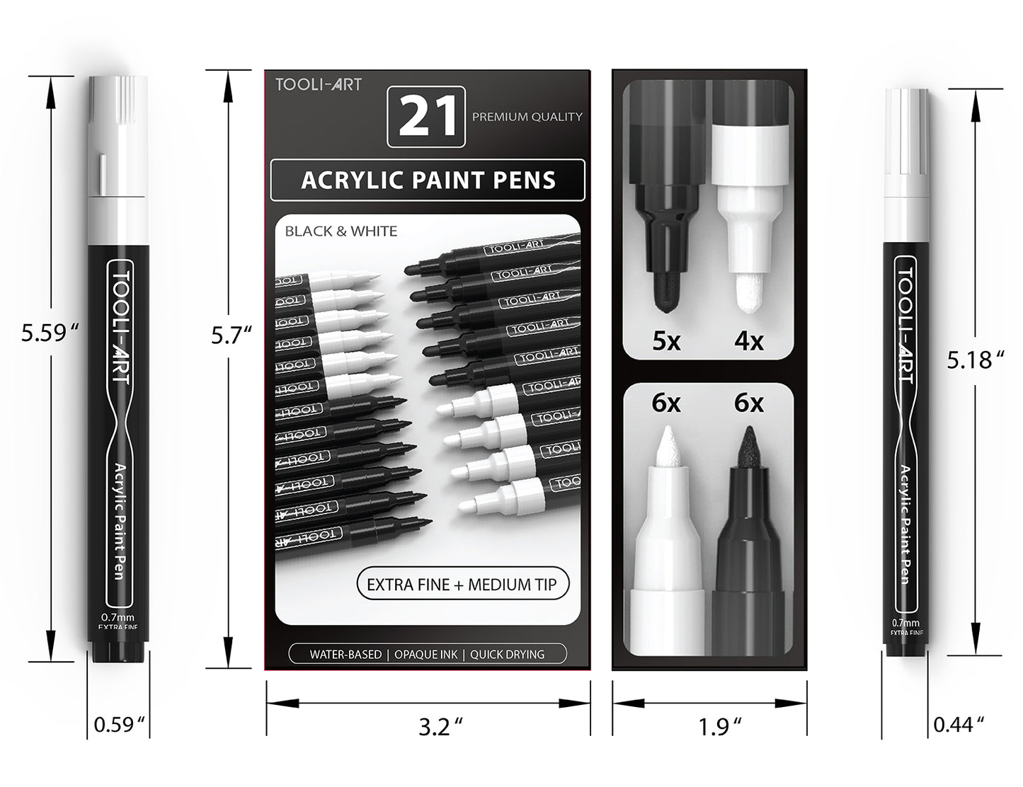 TOOLI-ART Black and White Acrylic Paint Pens 21 Markers Set (0.7mm + 3.0mm)