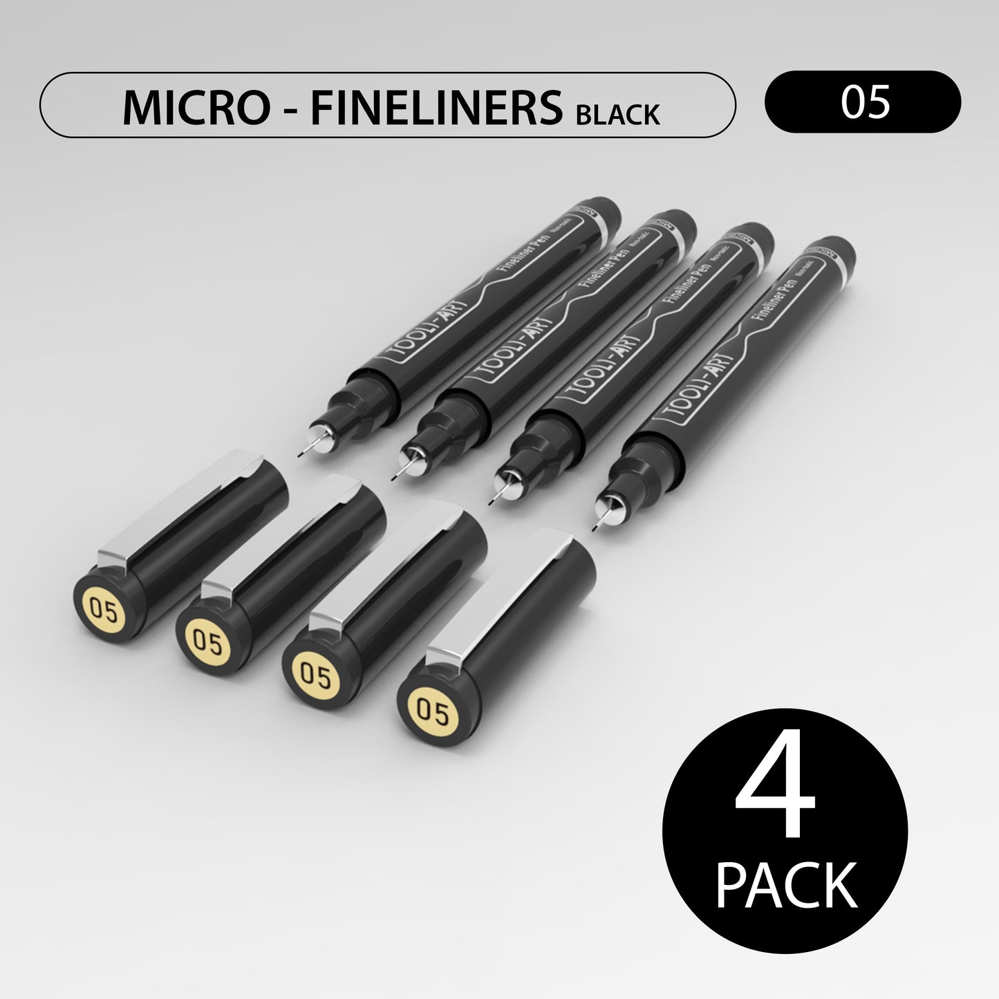 TOOLI-ART Micro-Line Pens 4 PACK Black, Fineliner, Multiliner, Archival Ink, Artist Illustration, Architecture, Technical Drawing