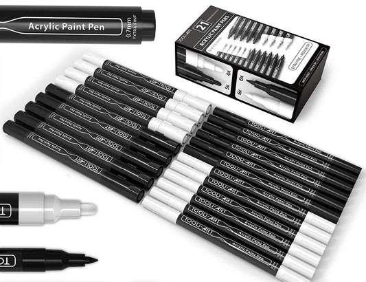 TOOLI-ART Black and White Acrylic Paint Pens 21 Markers Set (0.7mm EXTRA FINE + 3.0mm MEDIUM)