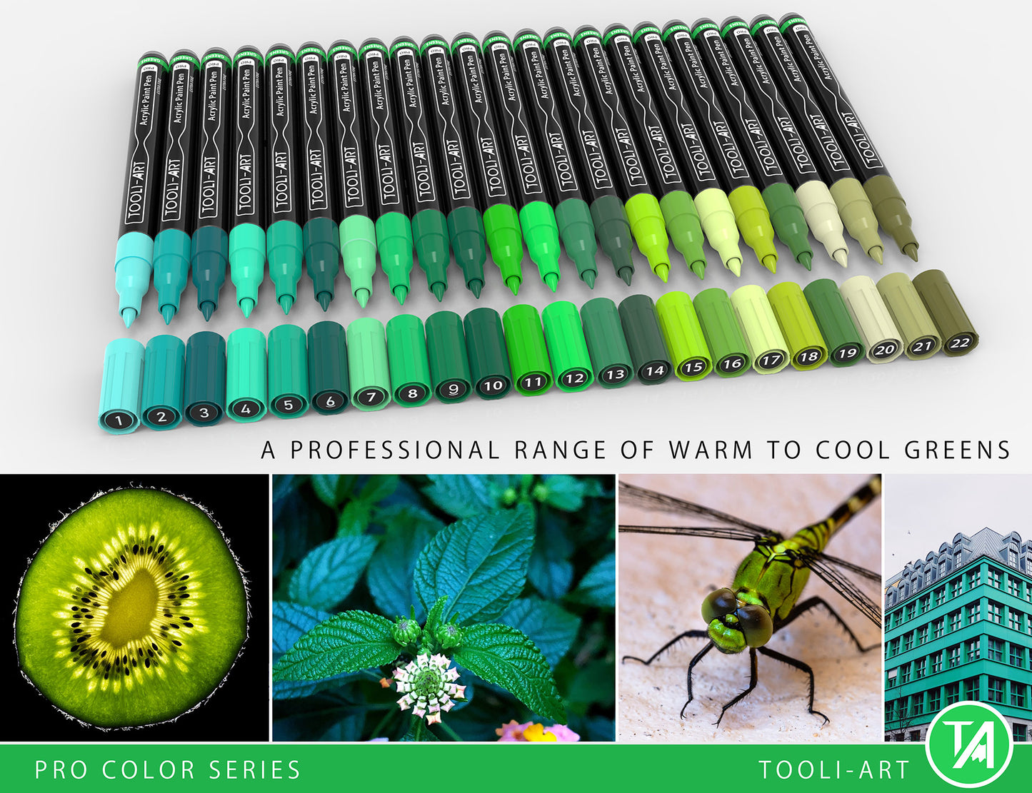 Acrylic Paint Pens 22 Assorted Green Pro Color Series Specialty Markers Set (0.7mm EXTRA FINE)