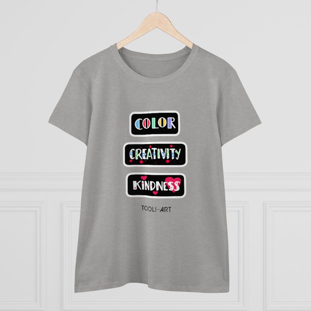 TOOLI-ART Women's Midweight Cotton Tee - COLOR CREATIVITY KINDNESS