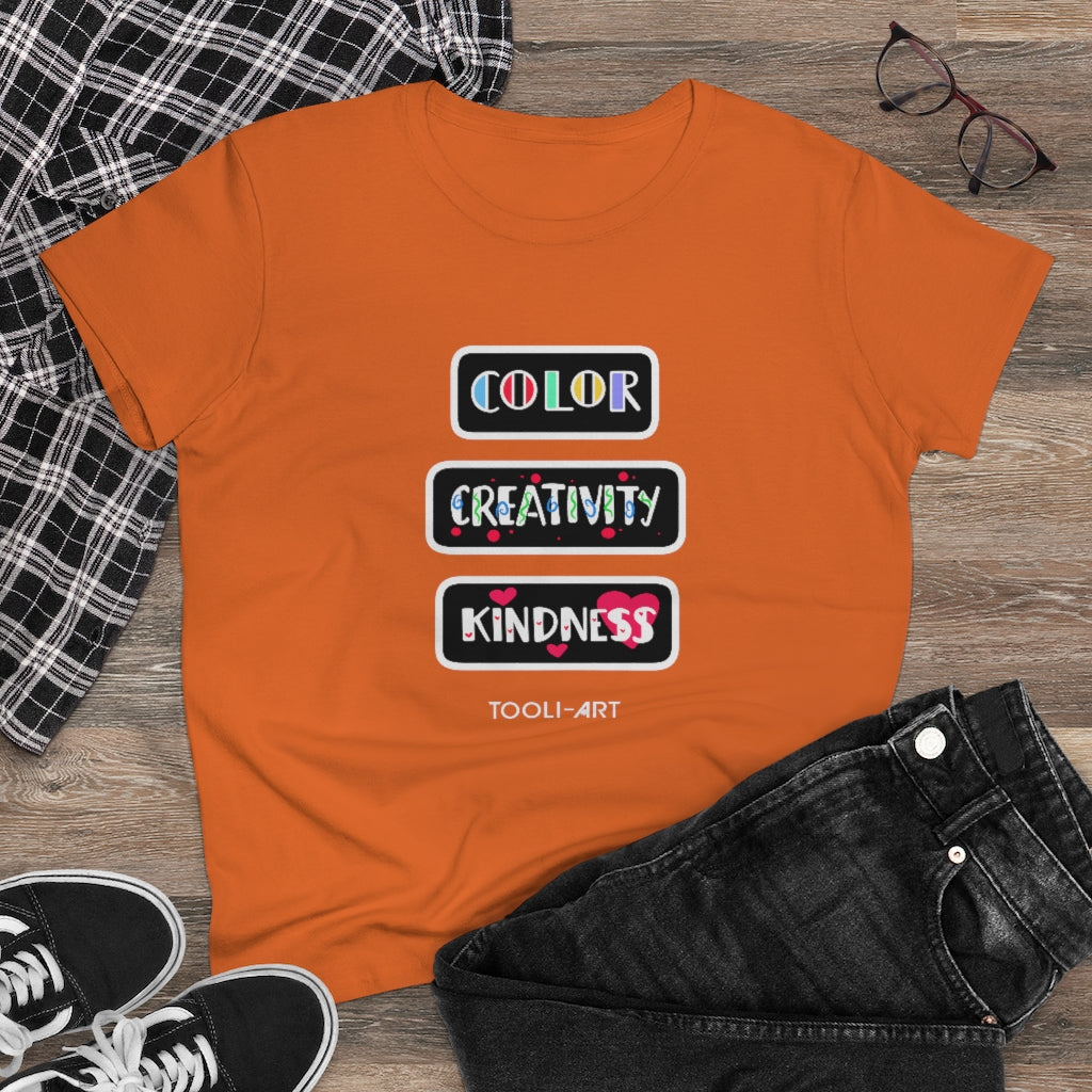 TOOLI-ART Women's Midweight Cotton Tee - COLOR CREATIVITY KINDNESS