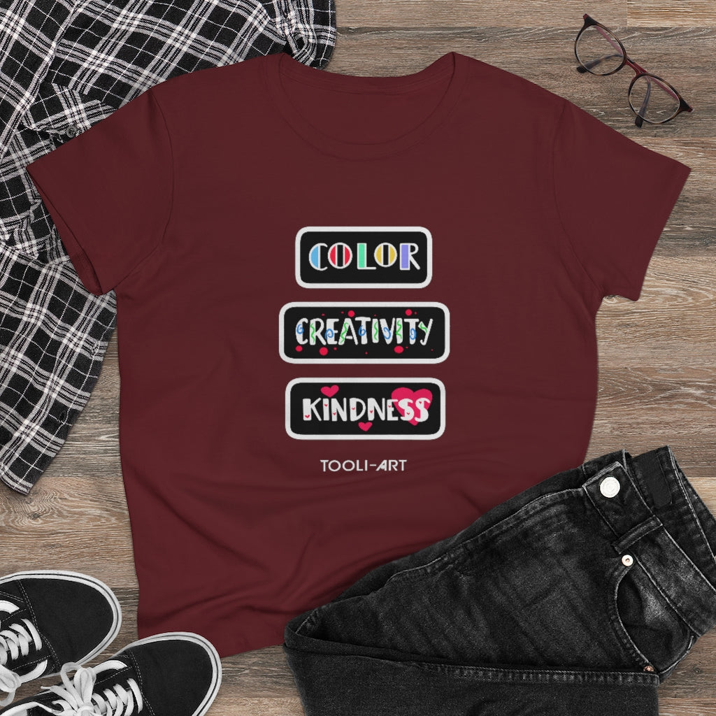 TOOLI-ART Women's Midweight Cotton Tee - COLOR CREATIVITY KINDNESS