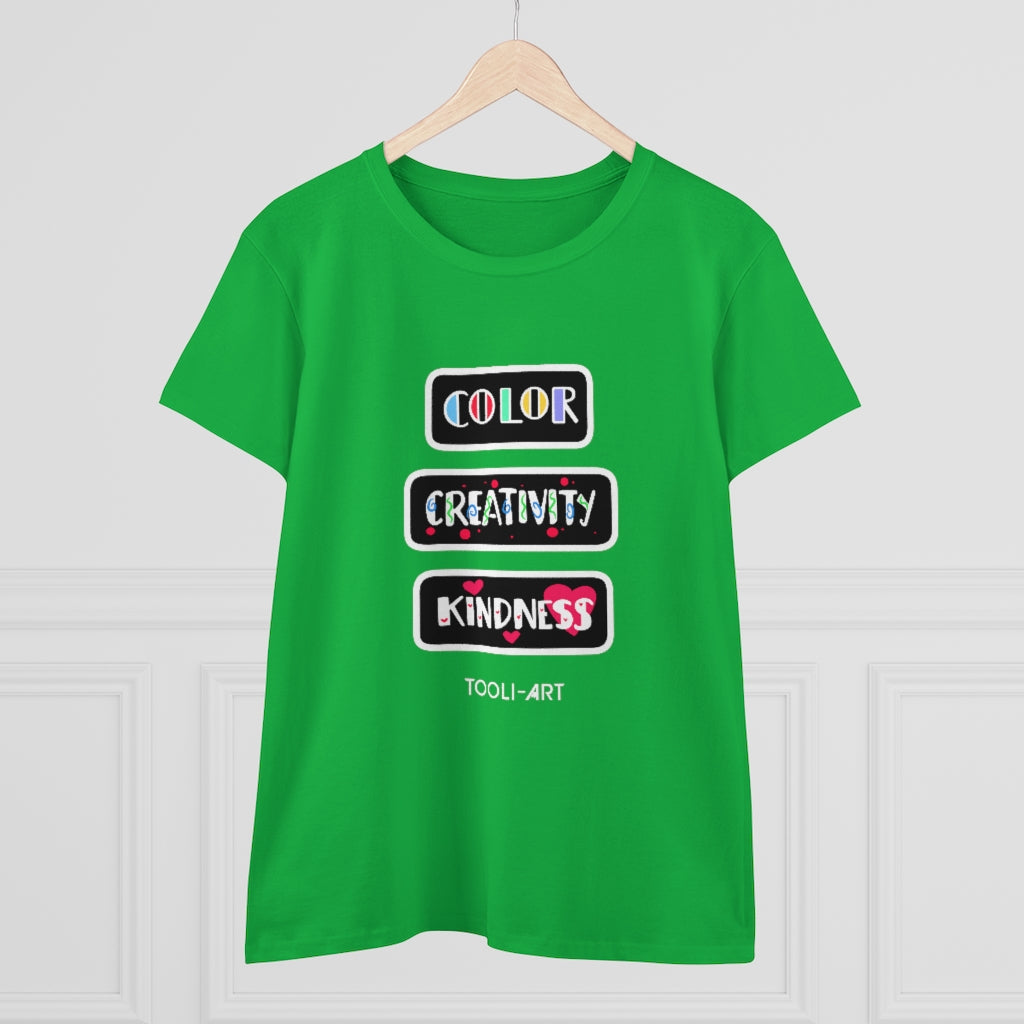 TOOLI-ART Women's Midweight Cotton Tee - COLOR CREATIVITY KINDNESS