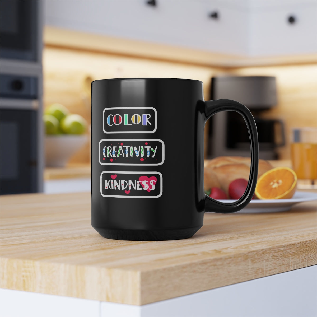 Tooli-Art Black Mug, 15oz - COLOR CREATIVITY KINDNESS
