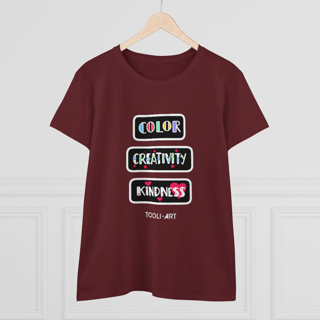 TOOLI-ART Women's Midweight Cotton Tee - COLOR CREATIVITY KINDNESS