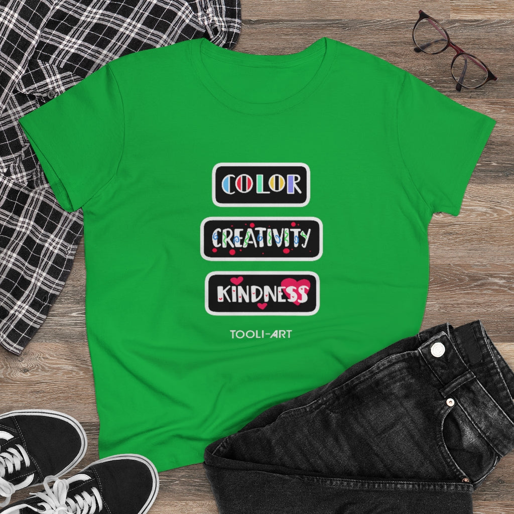 TOOLI-ART Women's Midweight Cotton Tee - COLOR CREATIVITY KINDNESS