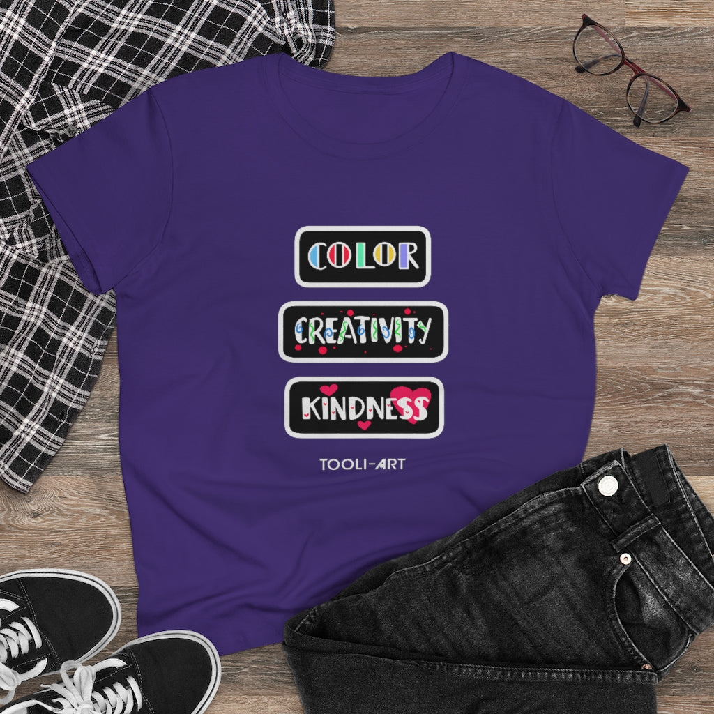 TOOLI-ART Women's Midweight Cotton Tee - COLOR CREATIVITY KINDNESS
