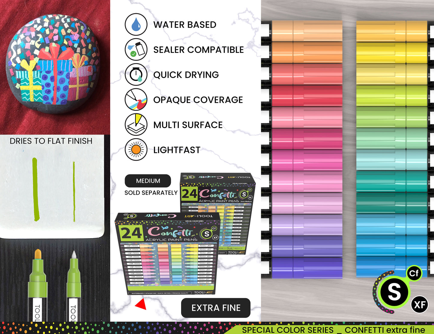 24 Confetti Colors Acrylic Paint Pens Markers Set 0.7mm Extra Fine Tip