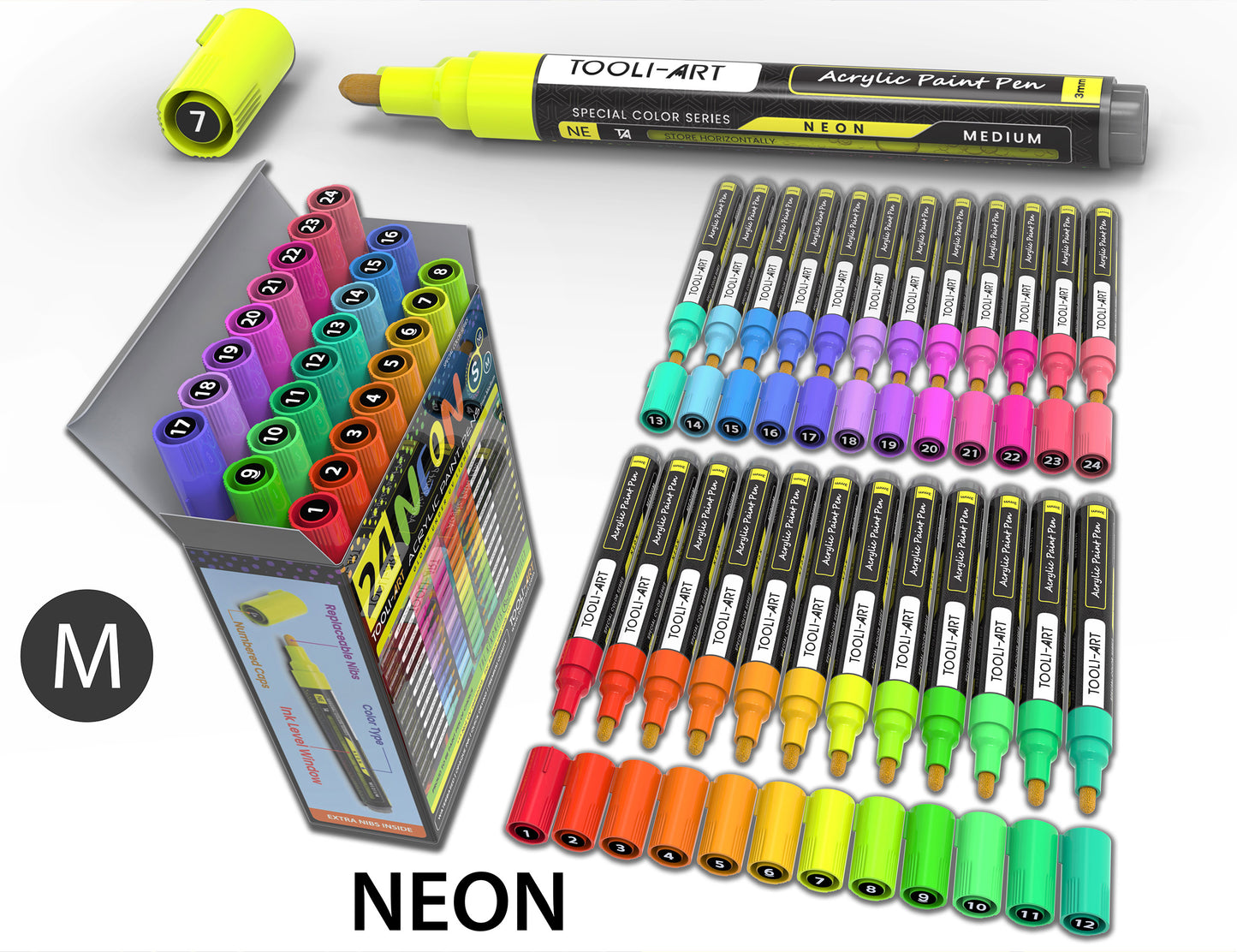 24 Neon Fluorescent Acrylic Paint Pens Special Color Series Markers Set 3mm (MEDIUM)