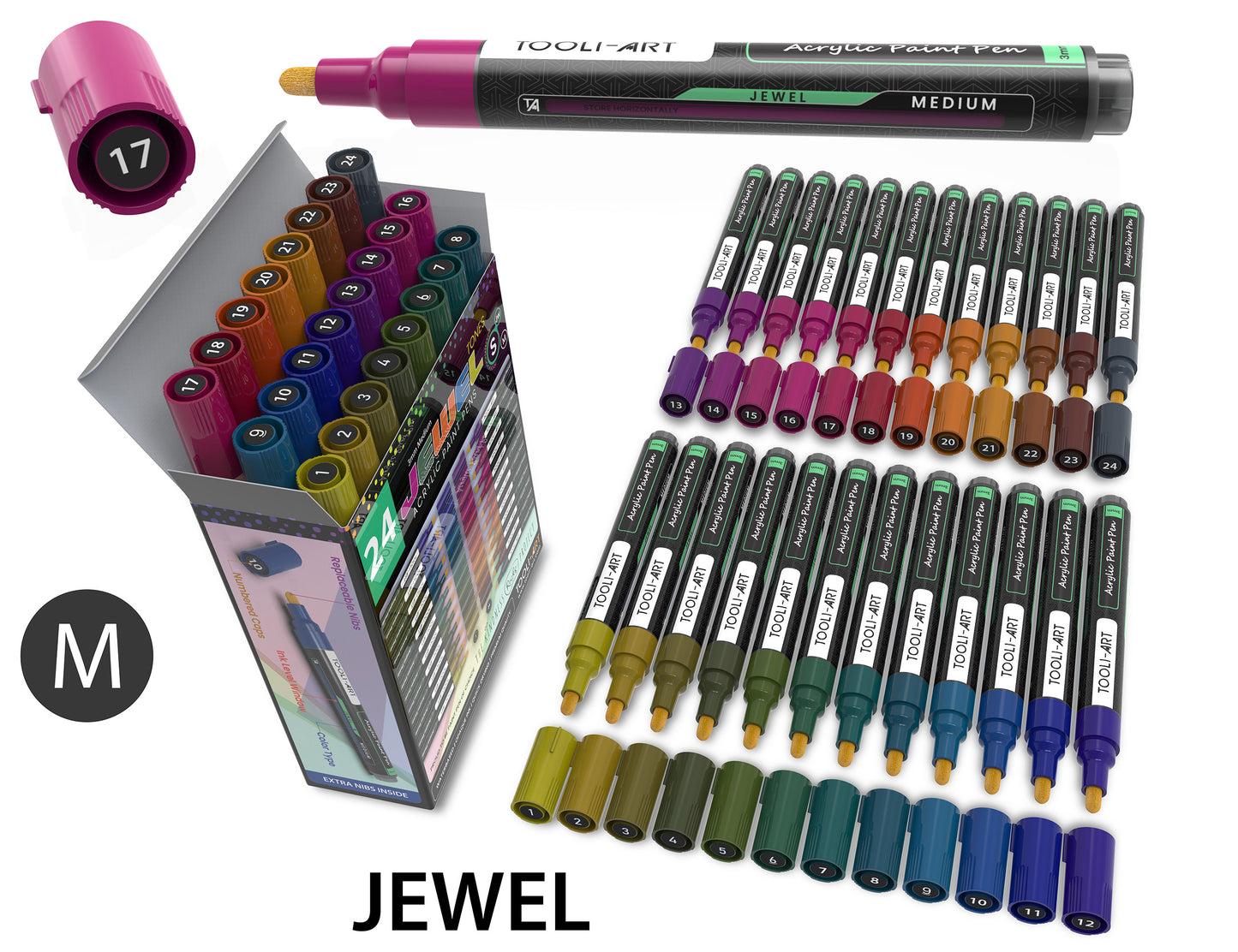 24 Jewel Dark Tones Acrylic Paint Pens Special Color Series Markers Set (3mm MEDIUM)