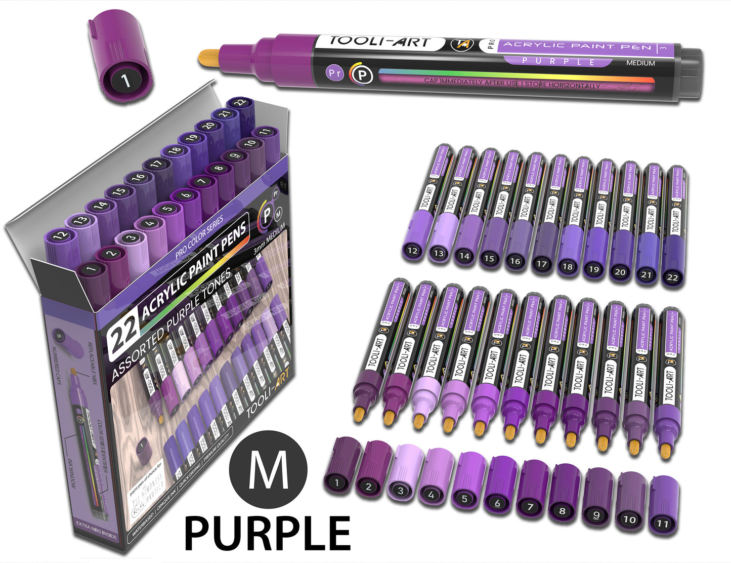 22 Acrylic Paint Pens (PURPLES) Pro Color Series Set (3mm MEDIUM)