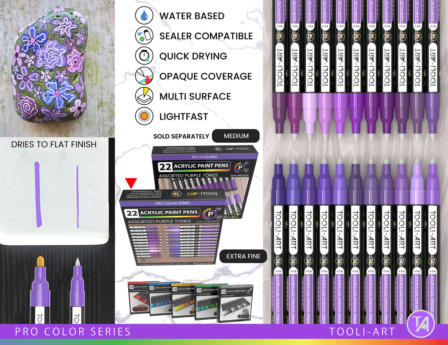 Acrylic Paint Pens 22 Assorted Purple Tones Pro Color Series Markers Set 0.7mm Extra Fine