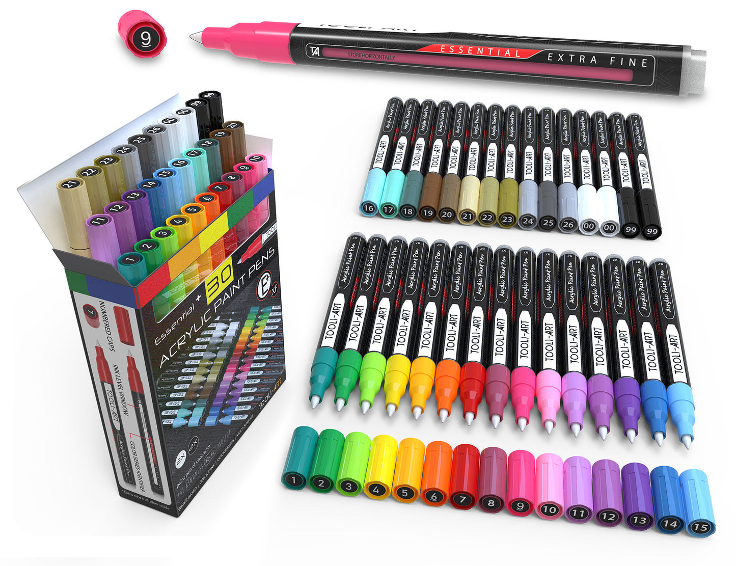 (NEW FORMULA!) 30 Essential Acrylic Paint Pens Assorted Color Set (0.7mm EXTRA FINE)