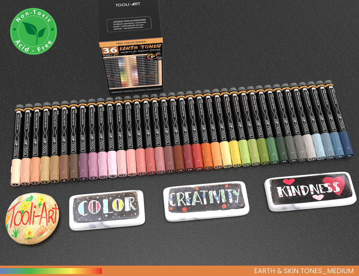 Set 36 Pennarelli Acrilici TOOLI-ART – Colori Pelle E Terra, Punta Extra Fine 0.7 Mm, Per Pietra, Tela, Legno