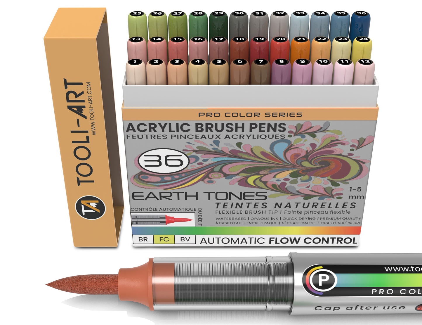 36 Earth Tones Flexible Brush Tip Acrylic Paint Pens with AUTOMATIC FLOW CONTROL technology 1-5mm