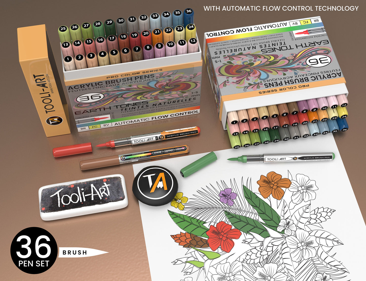 36 Earth Tones Flexible Brush Tip Acrylic Paint Pens with AUTOMATIC FLOW CONTROL technology 1-5mm