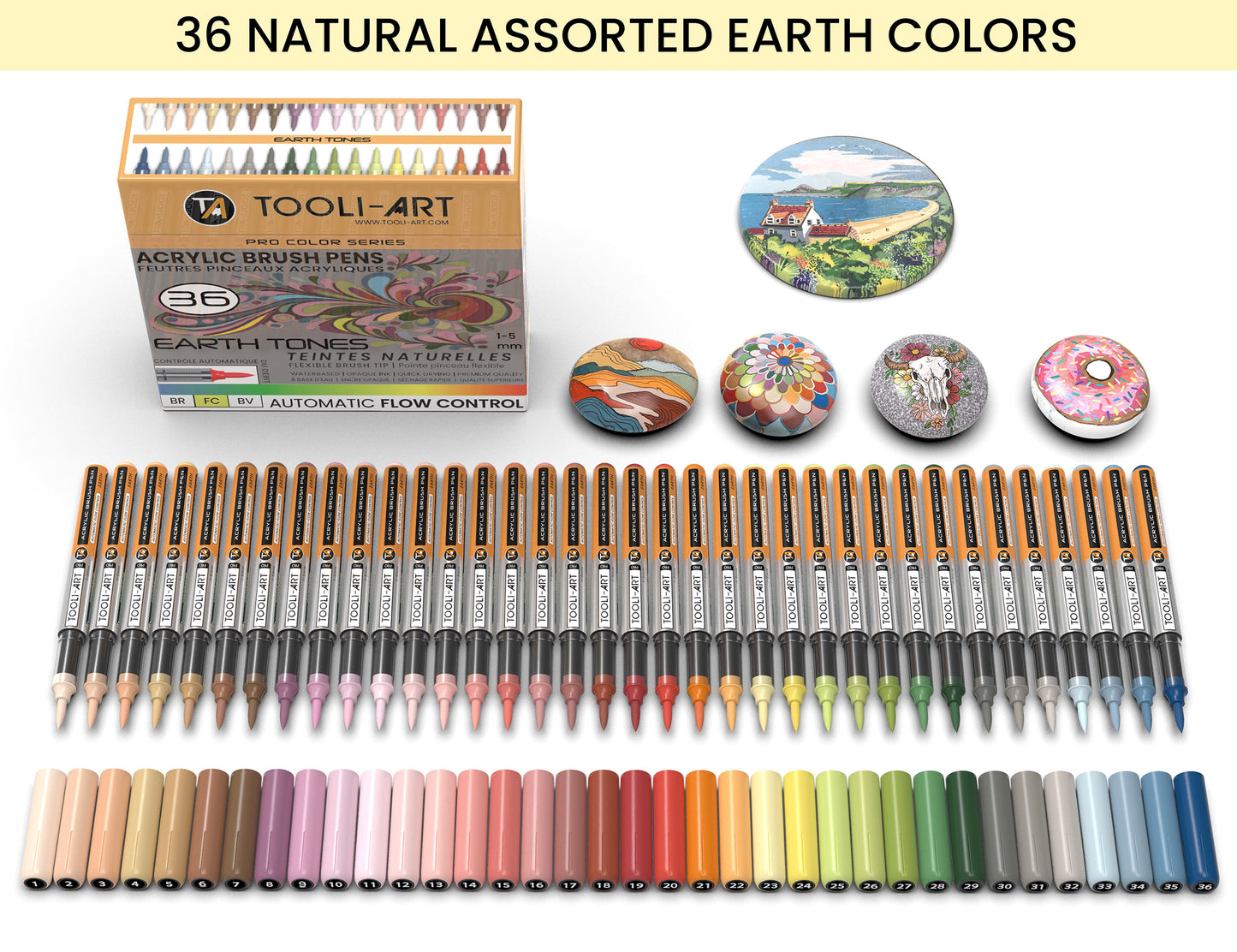 36 Earth Tones Flexible Brush Tip Acrylic Paint Pens with AUTOMATIC FLOW CONTROL technology 1-5mm