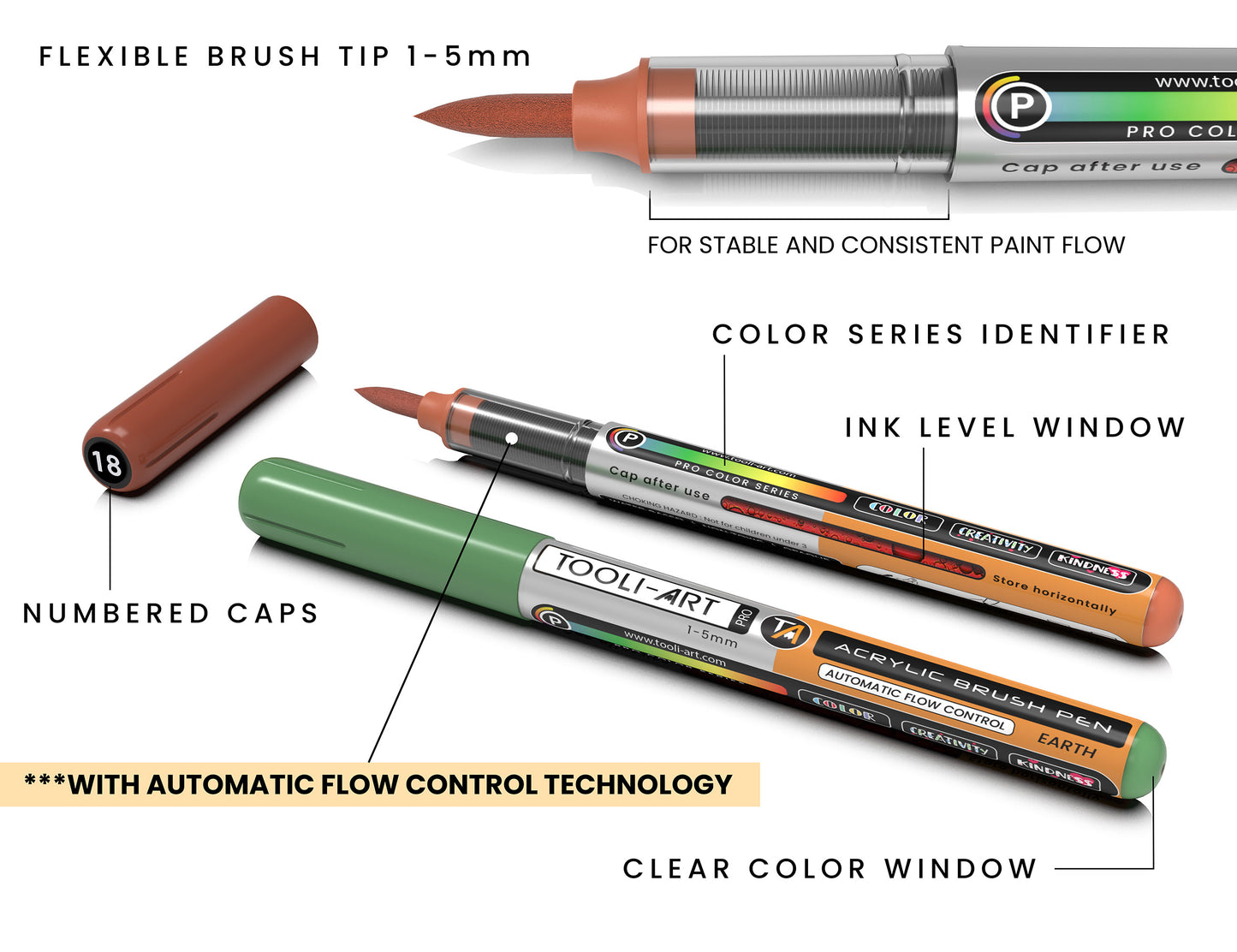 36 Earth Tones Flexible Brush Tip Acrylic Paint Pens with AUTOMATIC FLOW CONTROL technology 1-5mm