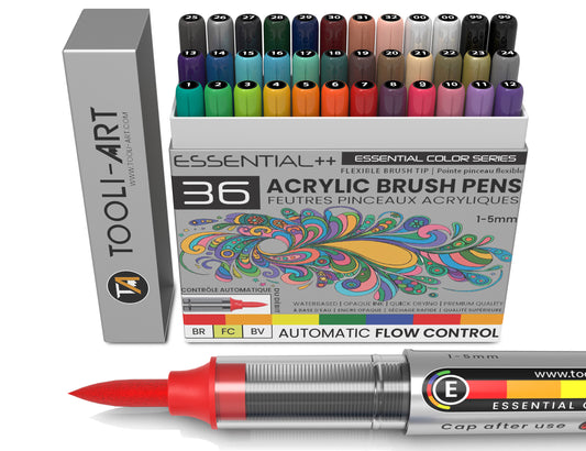 36 Essential Colors Flexible Brush Tip Acrylic Paint Pens with AUTOMATIC FLOW CONTROL technology 1-5mm