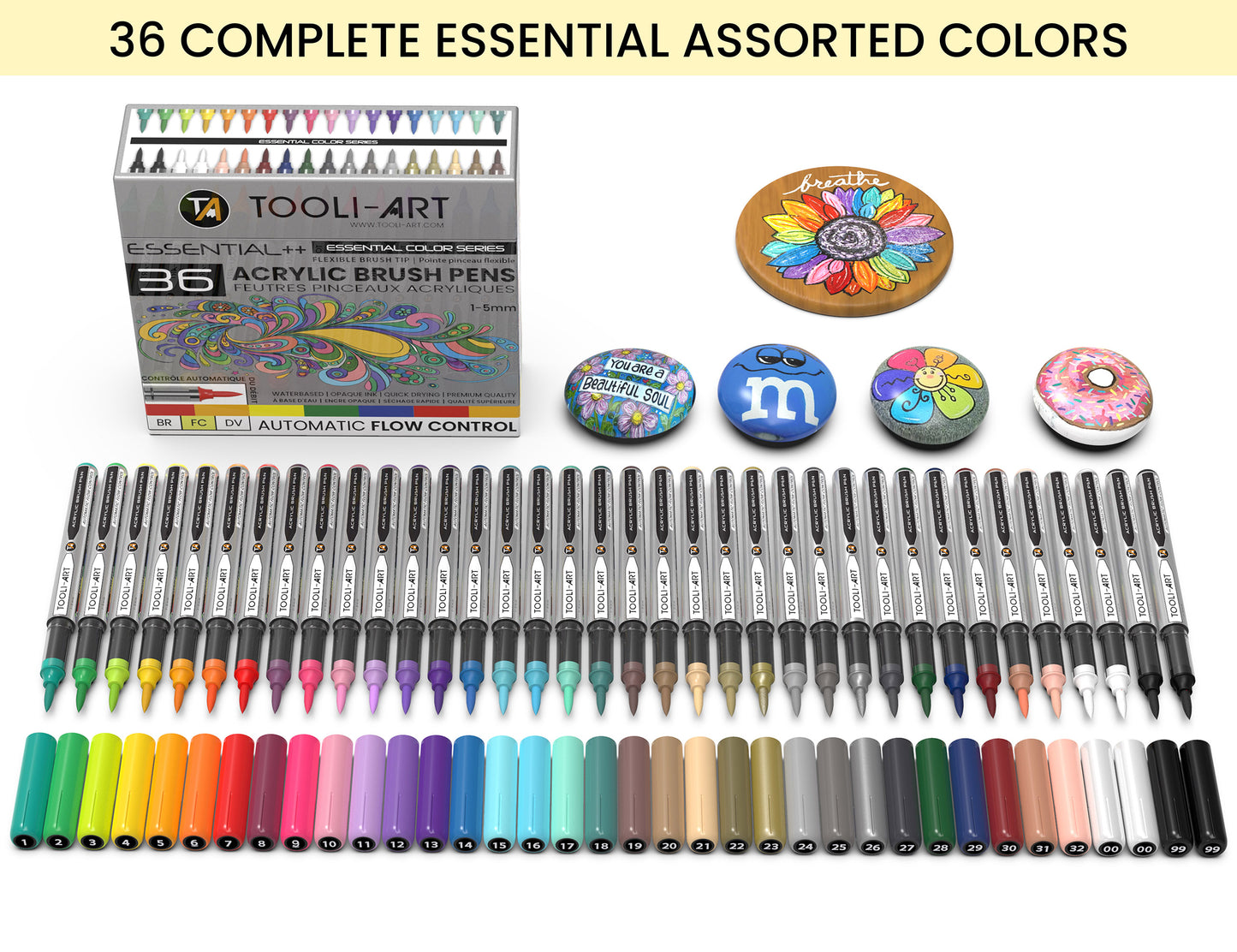 36 Essential Colors Flexible Brush Tip Acrylic Paint Pens with AUTOMATIC FLOW CONTROL technology 1-5mm