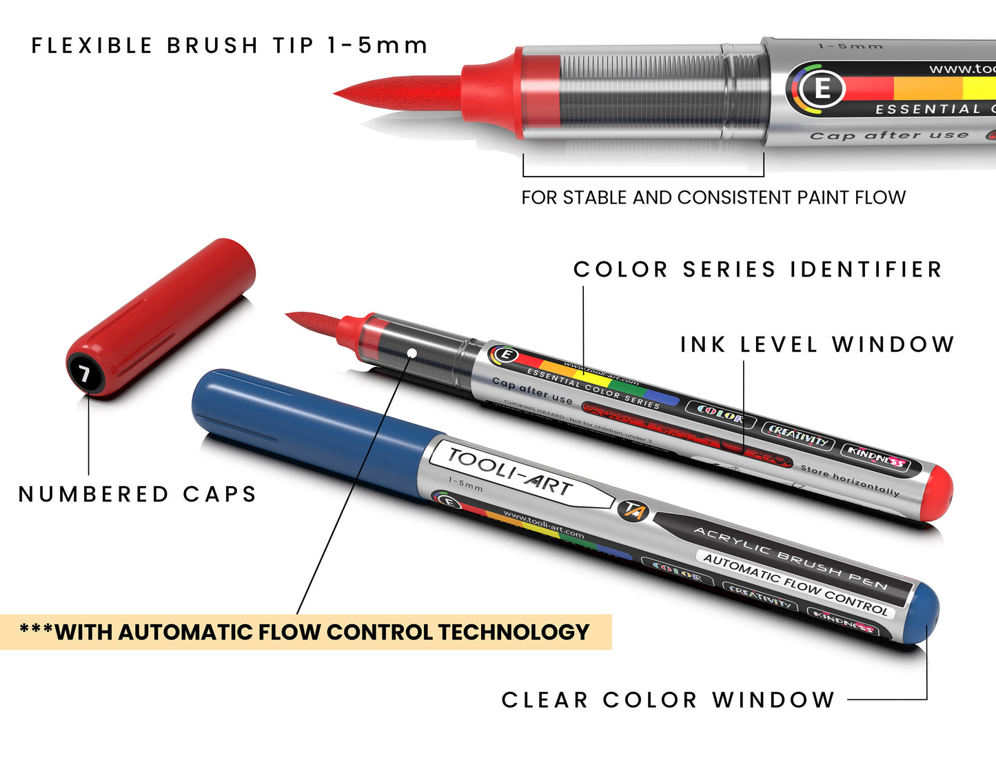 36 Essential Colors Flexible Brush Tip Acrylic Paint Pens with AUTOMATIC FLOW CONTROL technology 1-5mm