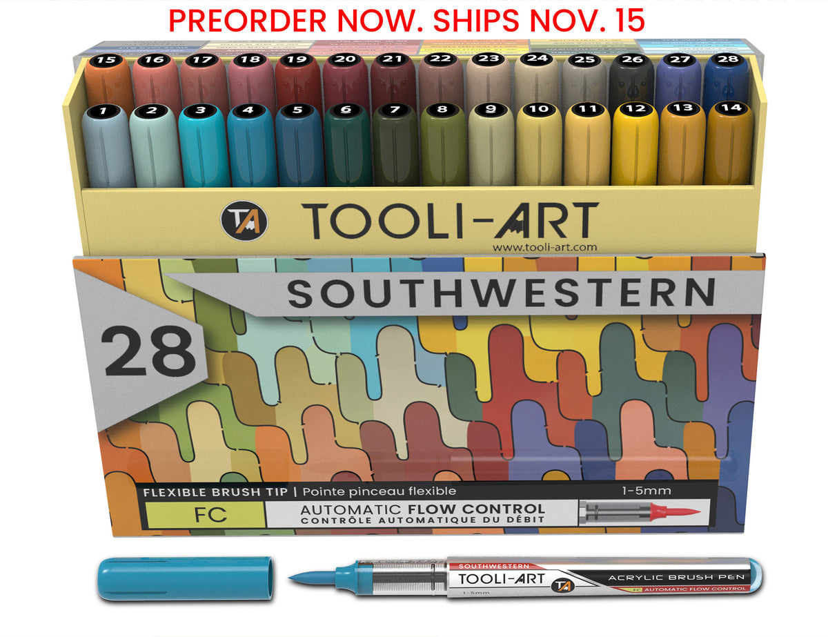 28 Southwestern Colors Flexible Brush Tip Acrylic Paint Pens Automatic Flow Control 1-5mm