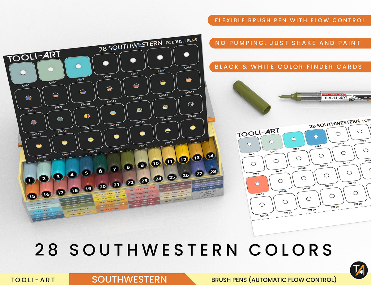 28 Southwestern Colors Flexible Brush Tip Acrylic Paint Pens Automatic Flow Control 1-5mm