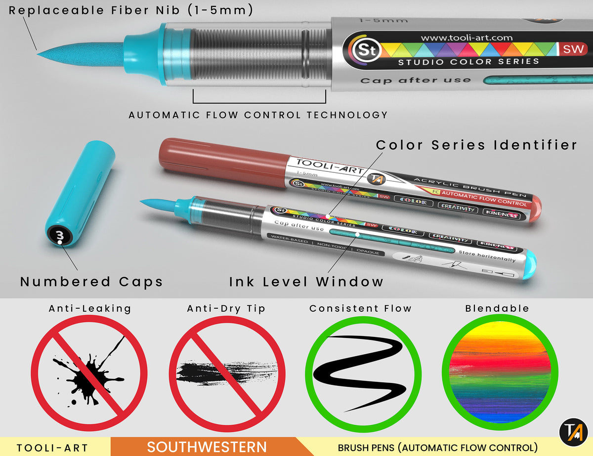 28 Southwestern Colors Flexible Brush Tip Acrylic Paint Pens Automatic Flow Control 1-5mm