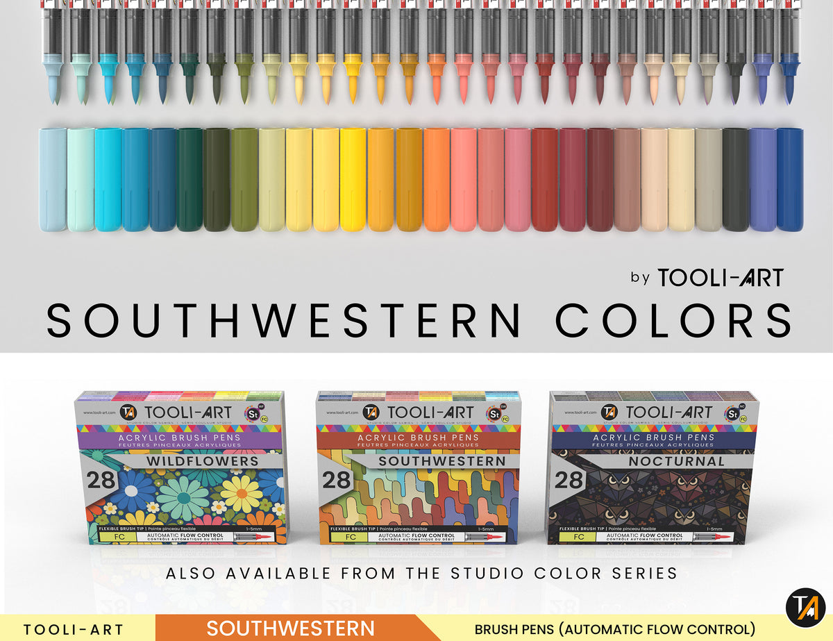 28 Southwestern Colors Flexible Brush Tip Acrylic Paint Pens Automatic Flow Control 1-5mm