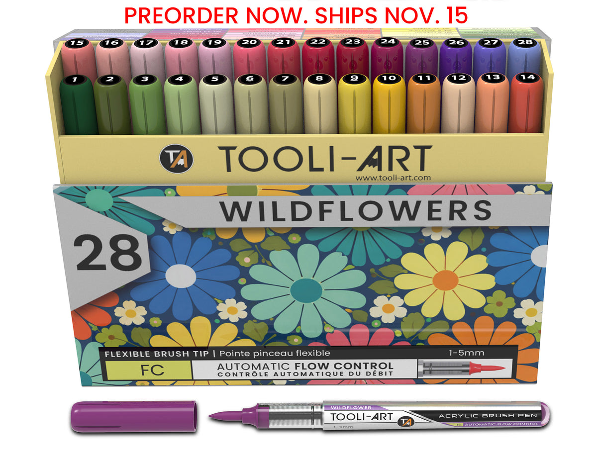 28 Wildflower Colors Flexible Brush Tip Acrylic Paint Pens Automatic Flow Control 1-5mm