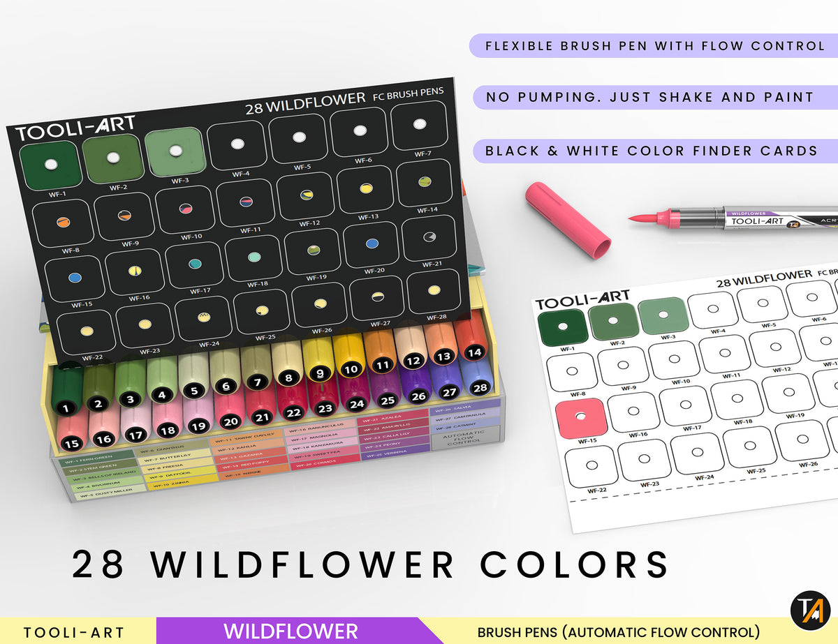 28 Wildflower Colors Flexible Brush Tip Acrylic Paint Pens Automatic Flow Control 1-5mm