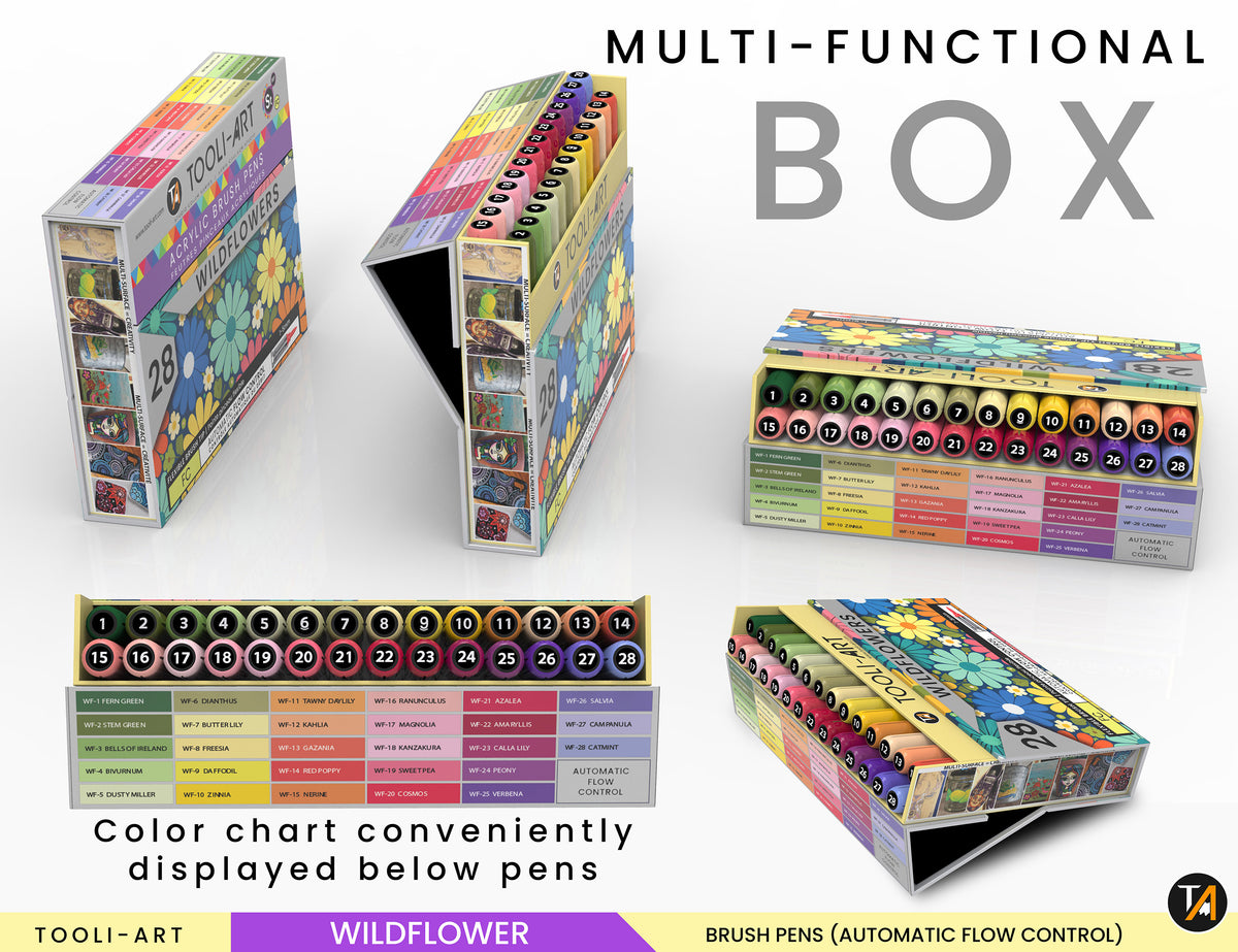 28 Wildflower Colors Flexible Brush Tip Acrylic Paint Pens Automatic Flow Control 1-5mm