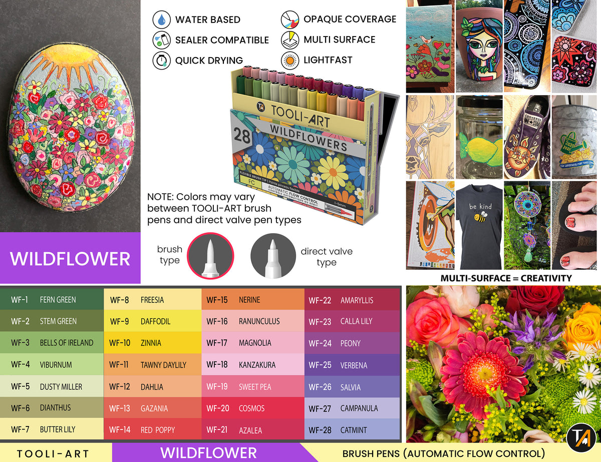 28 Wildflower Colors Flexible Brush Tip Acrylic Paint Pens Automatic Flow Control 1-5mm