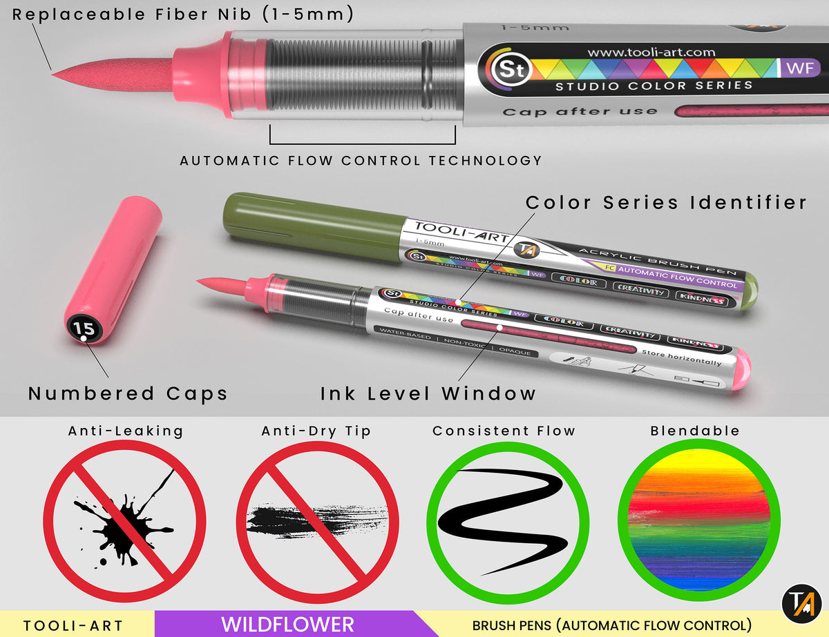 28 Wildflower Colors Flexible Brush Tip Acrylic Paint Pens Automatic Flow Control 1-5mm