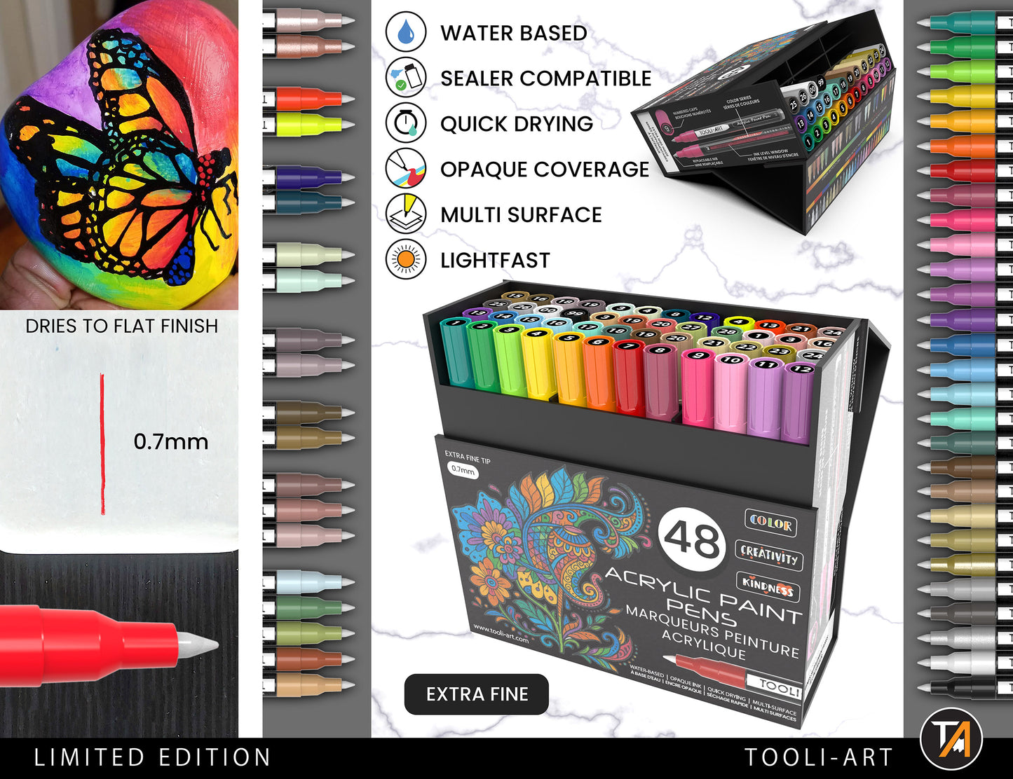 TOOLI-ART Acrylic Paint Pens 48 Markers Set Assorted Colors Limited Edition 0.7mm Extra Fine Tip