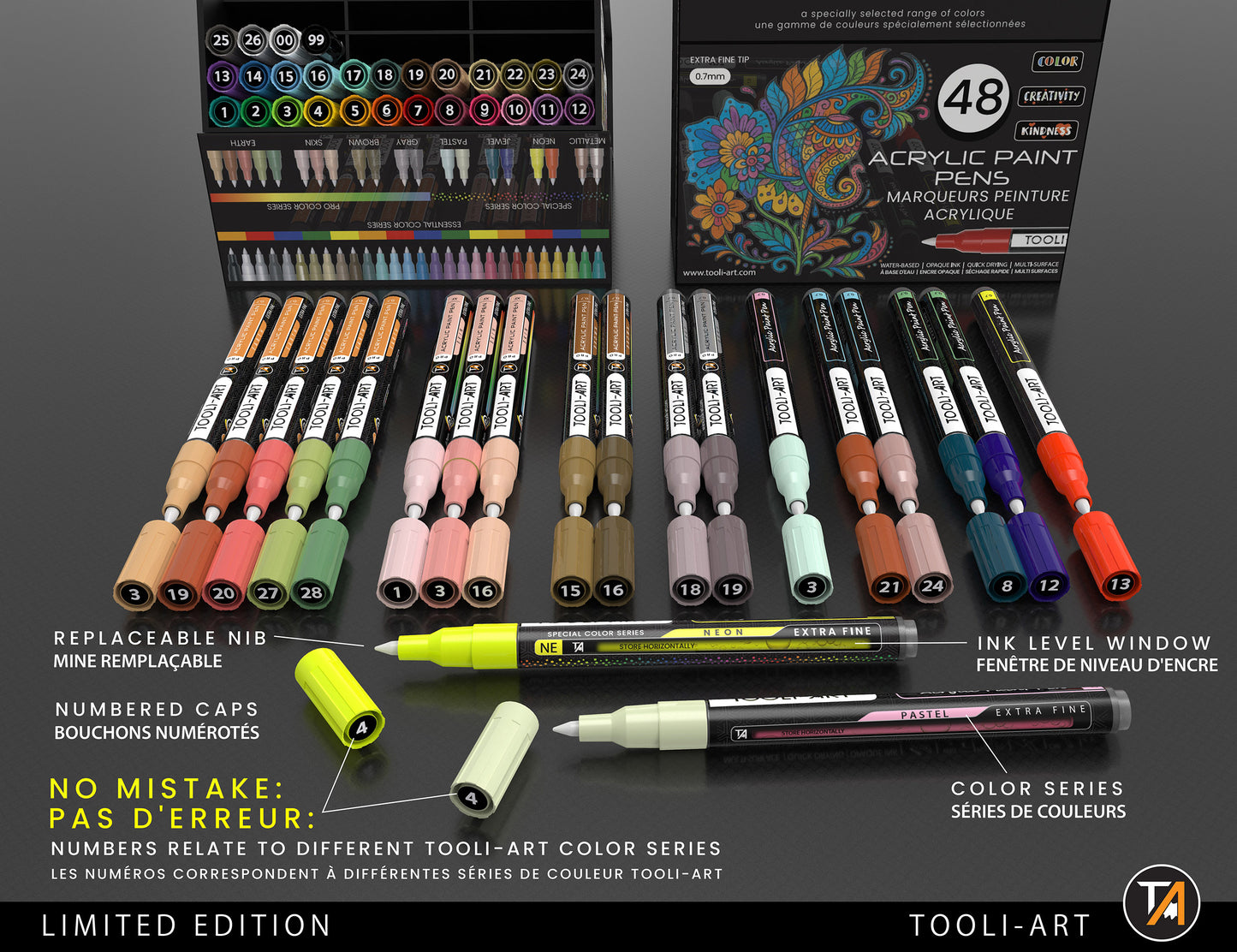 TOOLI-ART Acrylic Paint Pens 48 Markers Set Assorted Colors Limited Edition 0.7mm Extra Fine Tip