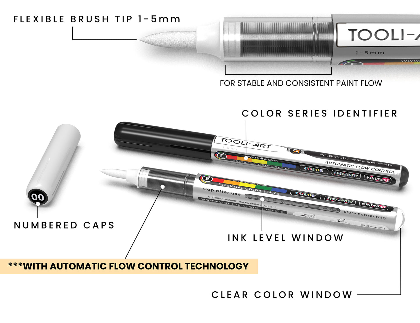 6 Black & White Acrylic Paint Pens – Flexible Brush Markers with Automatic Flow Control, 1–5mm, Waterbased, Illustration, Lettering & Multi-Surface Glass, Wood, Metal, Canvas, Fabric, Plastic, Paper