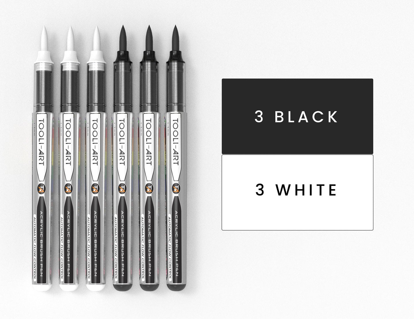 6 Black & White Acrylic Paint Pens – Flexible Brush Markers with Automatic Flow Control, 1–5mm, Waterbased, Illustration, Lettering & Multi-Surface Glass, Wood, Metal, Canvas, Fabric, Plastic, Paper